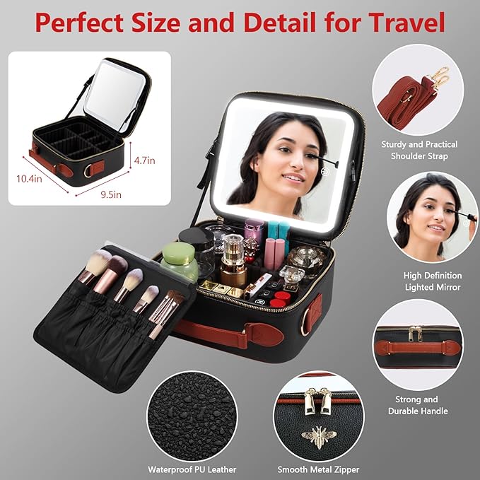 GERYUAEG Travel Makeup Bag with Mirror of LED Lighted, Rechargeable Cosmetic Train Case Artist Makeup Organizer for Women with Adjustable Dividers, Makeup Brushes Holder and Strap (CosMirr-Black02)