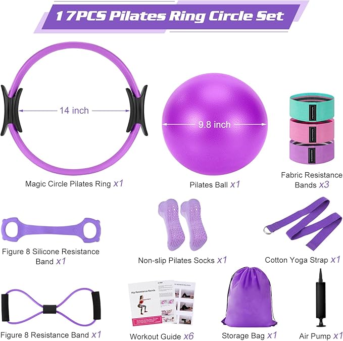 Pilates Ring Set, Pilates Essentials Kit for Home Workouts Women, Yoga Equipment Set with 14 Inch Magic Circle, 9.8” Ball, 5 Resistance Bands, 3 Long Stretch Bands, Core Sliders, Non-slip Socks