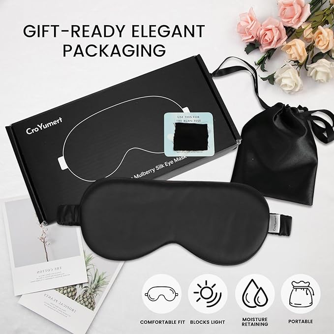 CroYumert 100% Pure Mulberry Silk Eye Mask - 22 Momme Adjustable Strap, Light Blocking, Silk Storage Bag & Gift Box - for Sleep/Travel/Gift, Sensitive Skin Friendly (Black)