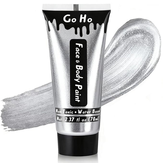 Go Ho Metallic Silver Body Paint Washable(2.37oz/pc),Water Based Cream Silver Face Body Paint,Full Professional Face Paint for Halloween Costumes Festivals Cosplay SFX Makeup