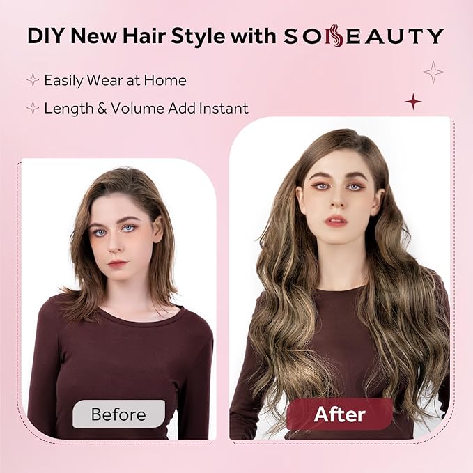 Clip in Hair Extensions Real Human Hair, Invisible Clip In Hair Extensions 100% Human Hair, Balayage Chocolate Brown to Caramel Blonde #4TP27/4 24Inch 120G 7PCS