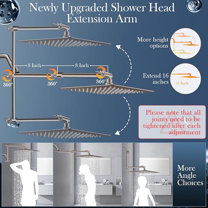 12'' Rain Shower Head Combo, High Pressure Rainfall Shower Head with 16'' Flexible Height/Angle Adjustable Extension Arm, 5 Setting Spray Hand held Shower Head, Nickel