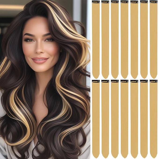 Colored Hair Extensions 14 PCS, 22 In Dream Rainbow Clip in Hair Extensions Party Highlights, Colorful Long Straight Synthetic Hairpieces for Girls Women Kids Gift(Beige Blonde)