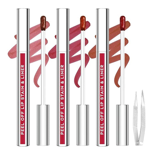 3Pcs Lip Stain Peel Off Set with Tweezer, Peel Off lip Liner Stain Long Lasting Waterproof, Matte Lip Tattoo Tint Transfer Proof, Highly Pigmented Color Lip Makeup(#809+810+811)