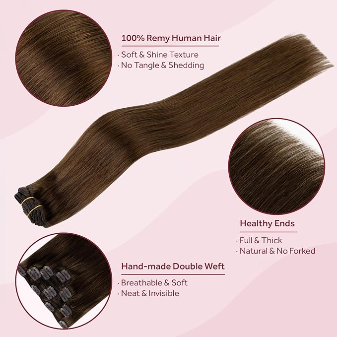 Clip in Hair Extensions Real Human Hair, 100% Remy Chocolate Brown Hair Extensions for Long Hair, Tangle-free&Shedding-free, #4 24Inch 120G 7PCS