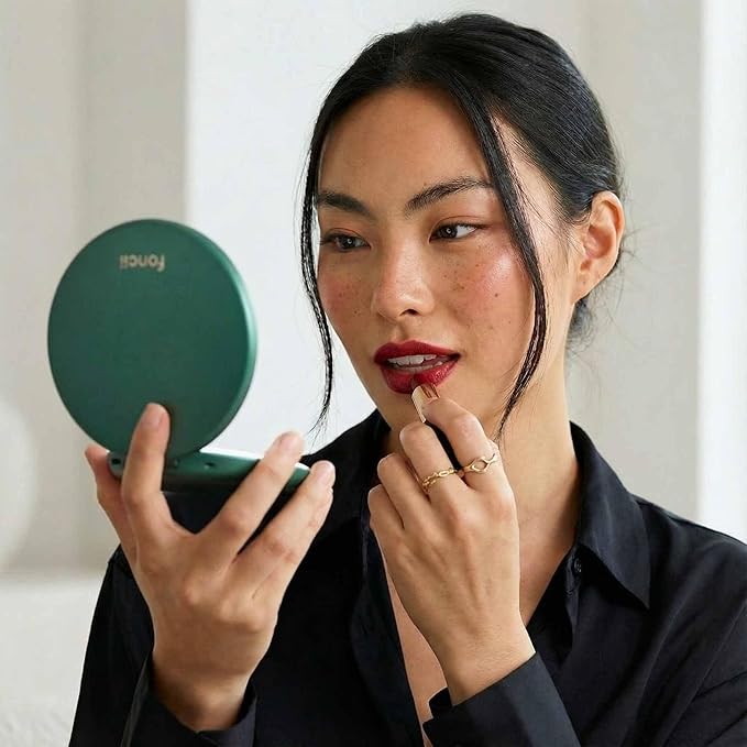 Fancii Taylor Rechargeable Travel Makeup Mirror with LED Lights, 10x /1x Magnifying, 3 Light Settings, Large 5” Wide | Compact Mirror for Purses (Emerald Envy)