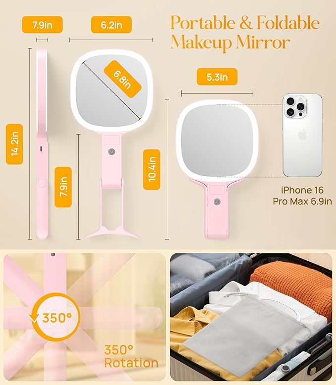 Gospire 6.8" Travel Vanity Mirror, 3-in-1 Hanging/Handheld/Desktop Use with Dual-Side Buttons, 1X/10X Magnification, 3-Color Dimmable LED, Auto Memory + Velvet Pouch (Pink)
