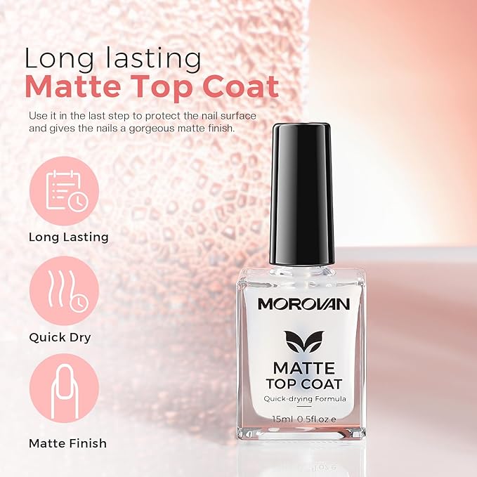 Morovan Matte Top Coat Nail Polish: Quick Dry No Chip Top Coat Long Lasting Air Dry Nail Polish Matt Effect Manicure Salon Quality 0.5 Fl Oz