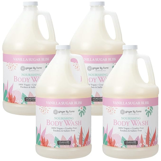 Ginger Lily Farms Botanicals Nourishing Body Wash, 100% Vegan & Cruelty-Free, Vanilla Sugar Bliss Scent, 1 Gallon (Pack of 4)