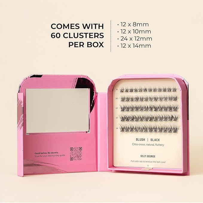 Silly George Pop-On Lashes - DIY 1-Step Pre-Glued Faux Eyelash Clusters, Natural Look Extensions, Black - Blush, 5-7 Pair Set, Pack of 60 Clusters