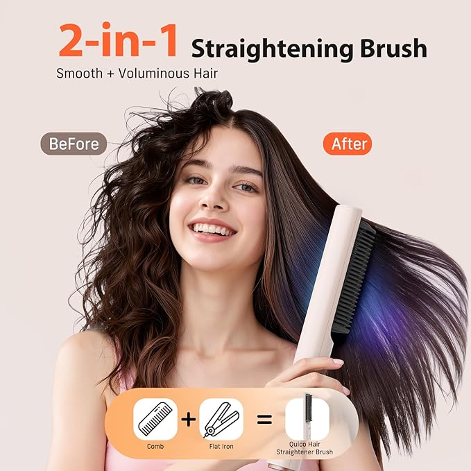 Quico Hair Straightener Brush, 100-240V Dual Voltage Ionic Straightener Brush for Women, Ceramic Travel Hair Straightener Comb, Electric Hot Comb Flat Iron, Auto Temp Lock & Auto-Off Function, Pink