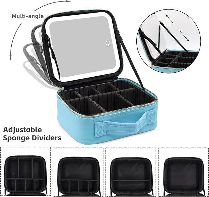 Jadazror Makeup Organizer Bag with Mirror, Lighted Travel Makeup Bag 3 Colors Modes, Cosmetic Bag Make up Organizer with Mirror and Light, Makeup Train Case Portable Cosmetic Storage Case Gifts(Blue)