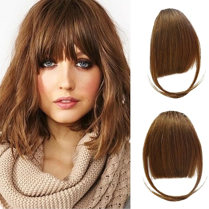 Clip on Wispy Bangs-Real Human Hair Clip in Bangs Hairpieces Medium Brown Fake Air Bangs Fringe with Temples Bangs Hair Clip Extensions
