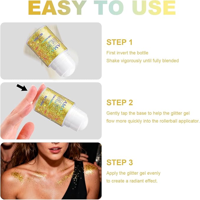 1PC Roll-on Holographic Body Glitter Gel for Body, Hair, Face, Chameleon Color Changing Glitter Gel Under Light, Chunky Mermaid Sequins Festival Party Rave Accessories Shimmer Makeup (Gold)