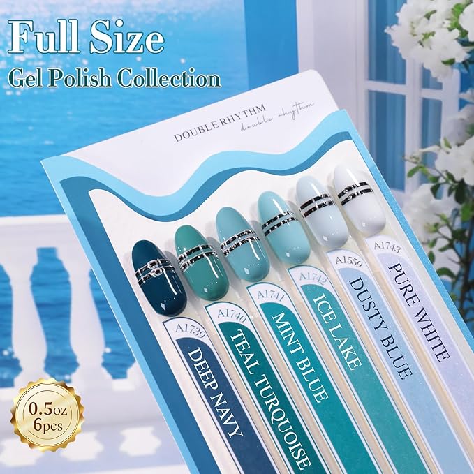 Double Rhythm 6 Pcs 15 ML Gel Polish Set Same Color Same Bottle Soak Off Gel Polish Kit Nail Art Manicure Salon DIY at Home for Women (White Light Green Teal Blue Turquoise-T6-78)