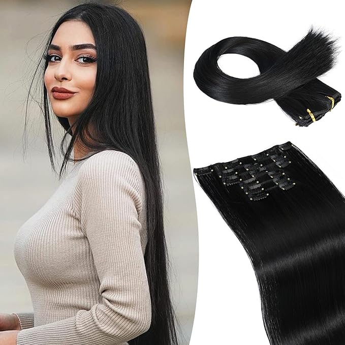 LONAI Clip in hair extensions 6PCS Straight 24" Hair Extensions for Women，Heat Resistant Synthetic Hairpiece-Black