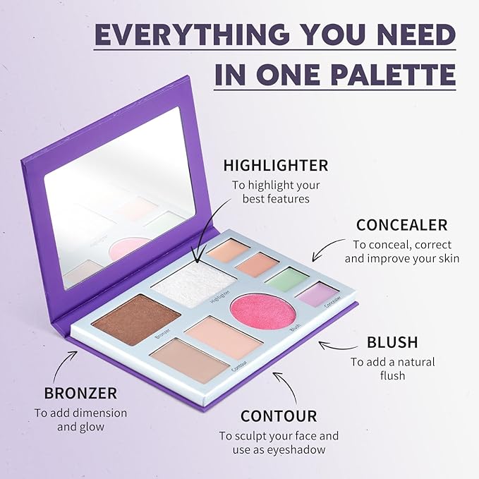 Color Nymph All In One Makeup Palette, 9 Colors Travel Make Up Set with Contour Blush Highlighter Concealer, Multi-Use Face Palettes with Mirror, Vegan & Cruelty-Free