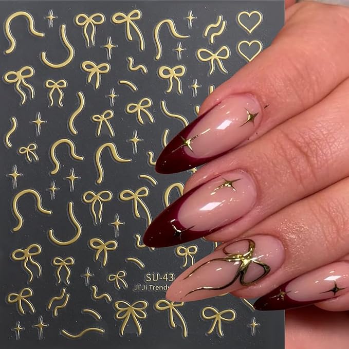 Bow Nail Stickers for Nail Art 3D Self Adhesive Gold Red Laser Star Bow Nail Decals Valentines Nails Sticker Design DIY Manicure Decoration Decal for Women Acrylic Nails 6 Sheets
