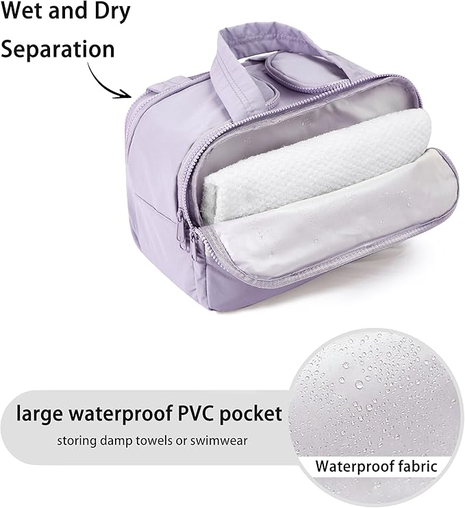 BUZFOWU Travel Toiletry Bag for Women, Large Wide-open Puffy Cosmetic Makeup Bag with Wet-Dry Separation, Multi-Pocket Organizer with Carry Handle for Toiletries, Cosmetics, Essentials, Light Purple