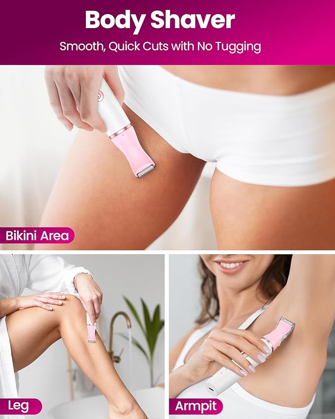 Bikini Trimmer Women & Body Shaver - 4-in-1 Painless Pubic Hair Remover for Sensitive Skin, Rechargeable & IPX7 Waterproof for Wet & Dry Use, for Face/Eyebrows/Nose/Underarms/Legs