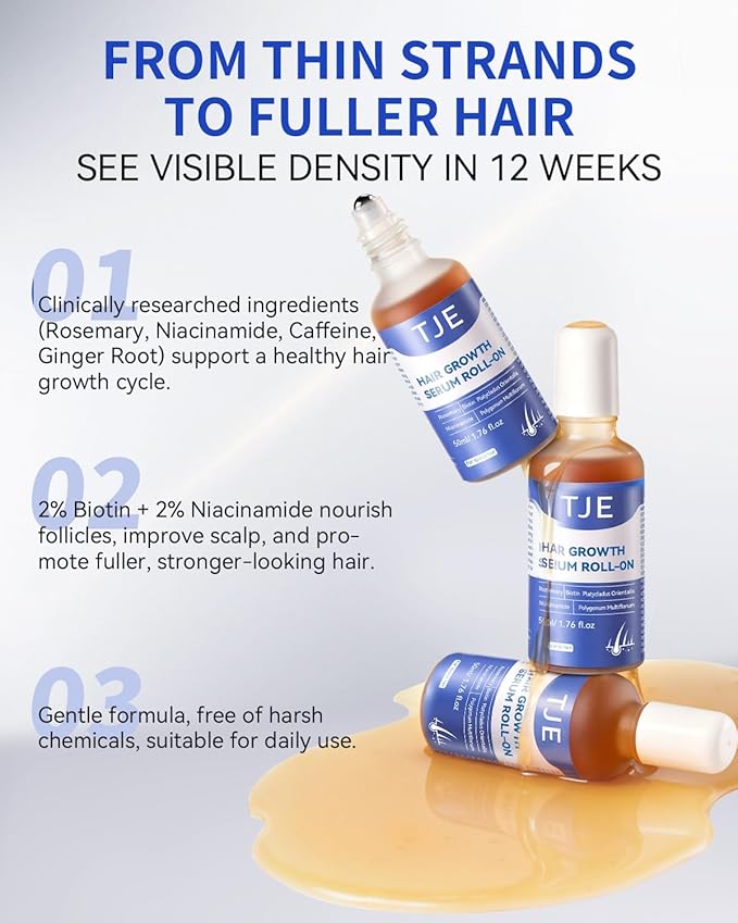 Hair Growth Serum Roll On 50ml | Hair Growth Serum 3% Rosemary Extract + Caffeine + Niacinamide + Biotin | With Ginger & Aloe Vera | No-Rinse, Fast-Absorbing | For Thinning Hair & All Hair Types