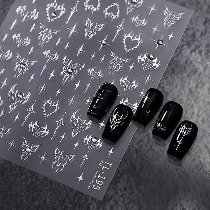 Silver Star Nail Art Stickers 5d Embossed Nail Decals for Nail Art Designs Butterfly Heart Star Nail Stickers Self Adhesive Rhinestone Nails Supplies for Women Girls DIY Manicure Accessrioss