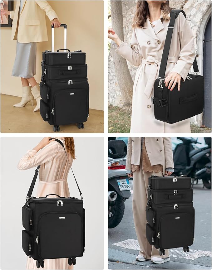 Relavel Rolling Makeup Case, 3 in 1 Hairstylist Traveling Bag Cosmetology Case on Wheels Large Hair Tools Cosmetics Train Case Makeup Artist Storage Organizer Trolley Suitcase with 360° Swivel Wheels