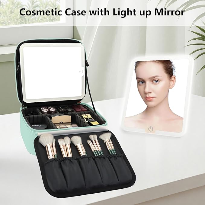 SLUMAZI Travel Makeup Bag with LED Mirror Travel Makeup Organizer with 3 Lighted Settings, Adjustable Dividers and Makeup Brush Storage Bag Light Green
