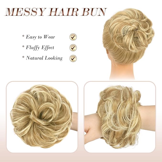 FESHFEN Messy Bun Hair Piece - Wavy Synthetic Chignon Scrunchies for Instant Volume, Elastic Bun Ponytail Hair Extensions Thick Hairpieces for Women, Sunny Blonde 1.50 oz