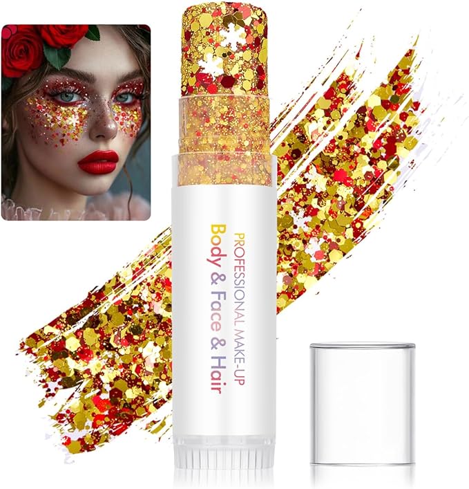 Body Glitter Stick for Face, Body & Hair - Gold & Red/Green Chunky Sparkle Glitter, 2 Pack | Long Lasting Party Makeup for Festival, Rave, Concert & Cosplay