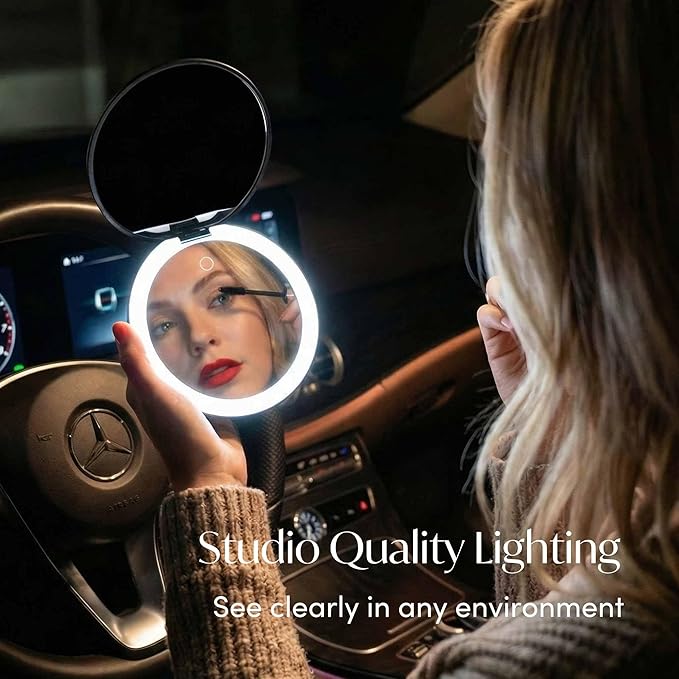Fancii Taylor LED Lighted Travel Makeup Mirror, Rechargeable with 10x/1x Magnifying & 3 Light Settings - Compact, Portable, Large 5” Wide Hand Mirror for Handbag and Purses (Black)