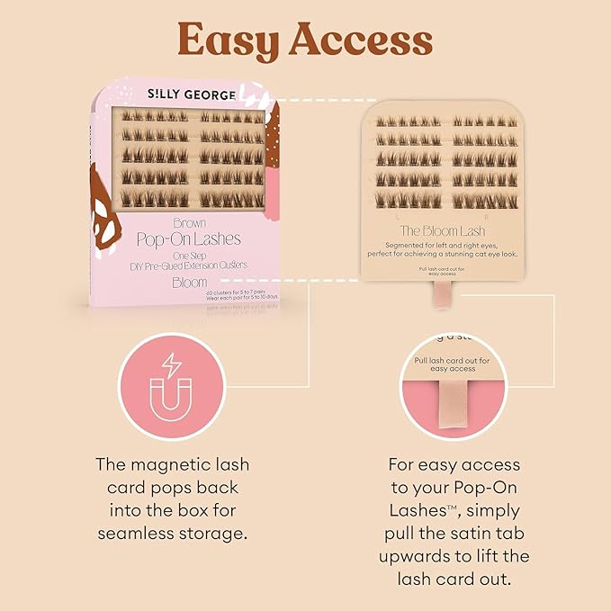 Silly George Pop-On Lashes - DIY 1-Step Pre-Glued Faux Eyelash Clusters, Natural Look Extensions, Light Brown - Bloom, 5-7 Pair Set, Pack of 60 Clusters