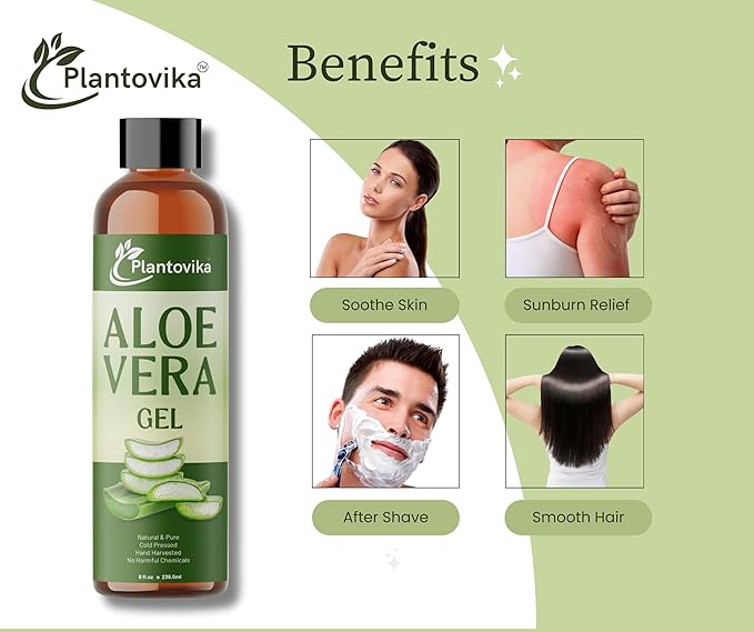 Plantovika Aloe Vera Gel - Natural, Hydrating, Soothing for Face, Skin, Hair, Sunburn - 8 Fl Oz