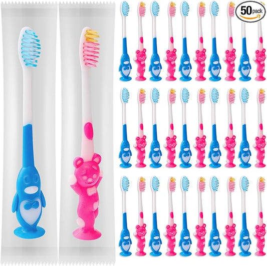 50 pcs Kids Manual Toothbrush Individually Wrapped,Children Toothbrush with Suction Cup Soft Bristles for Age 2+ Boys Girls Toothbrushes