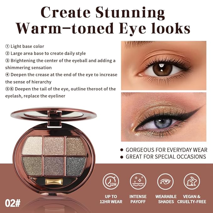 Shimmer Glitter Metallic Mini Eyeshadow Palette – 6-Color Neutral Cool-Tone Eye Shadow Kit, High Pigment Nude Smokey Eyeshadow, Long-Lasting Blendable Sparkle Eye Makeup Palette for Daily & Glam Looks