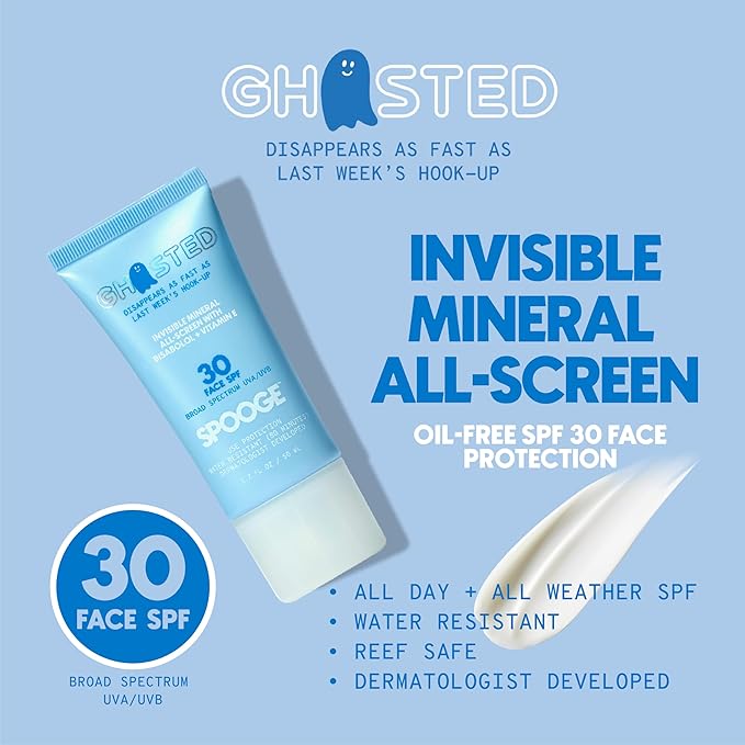 SPOOGE Ghosted Mineral All-Screen - Oil-Free SPF 30 Face Sunscreen - Dermatologist Developed with Cloud Feel Bisabolol for Daily All-Weather Care - Reef Safe, Water-Resistant, Blends Into Skin (1.7oz)