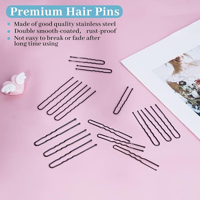 300Pcs U-Shaped Hair Pins Set for Women, Kids & Girls: 2.8IN, 2.4IN, 2IN Bobby Bun Pins with Storage Box, 2 Thick Seamless Hair Ties & 50 Elastic Hair Bands for All Hair Types, Black