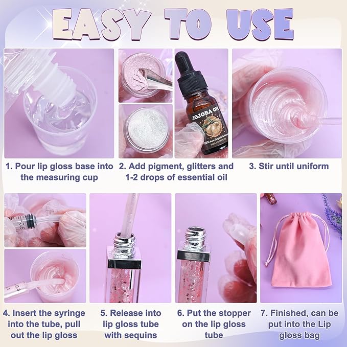 Lip Gloss Making Kit, 58PCS DIY Lip Gloss Kit, Lipgloss Making Kit for Women, Beginner, Girls, Moisturizing Lipgloss Base Moist, Double-Ended Tubes, Jojoba Oil, Tween Girls Gift Trendy Stuff