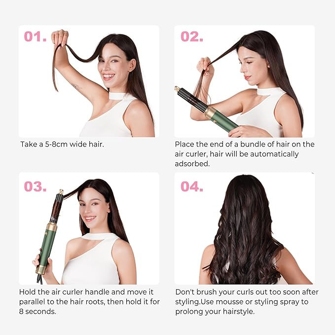 7 in 1 Blow Dryer Brush, Air Wrap Brush Set Hair Dryer Brush 110,000 RPM with Negative Ion Hair Styler Dry, Curling, Volumizing, Straightening and Styling (Green)