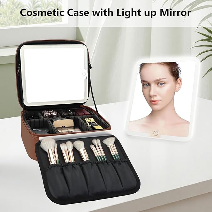 SLUMAZI Travel Makeup Bag with LED Mirror Travel Makeup Organizer with 3 Lighted Settings, Adjustable Dividers and Makeup Brush Storage Bag Dark Brown
