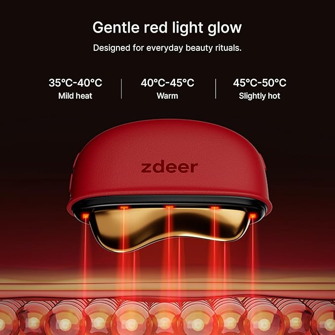 ZDEER LED Red Light for Face & Neck Massager Facial Care Device – Electric Gua Sha Brass Tool with Heat & Vibration for Firming, Sculpting & Skincare, Red