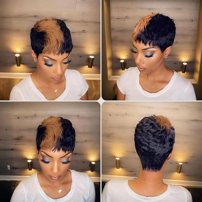 Short Pixie Cut Wig for black women Real Brazilian Virgin Human Hair Black and Honey Blonde Highlight full Machine Made Glueless wig Short layered Pixie Haircut hairstyle 1B/33#