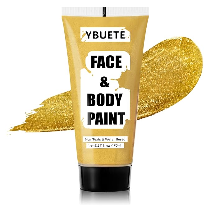 Gold Water Based Face Body Paint, 2.37 OZ Large Tube Full Coverage Face Paint for Skull Goth Cosplay Makeup, Washable Metallic Gold Body Painting Cream for Adult Carnival Halloween SFX Makeup