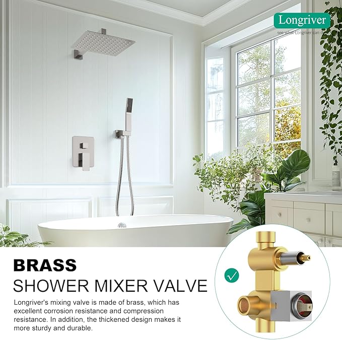 Longriver Shower Faucet Set - High Pressure 12 Inch Rainfall Shower Head with Handheld Spray, Wall Mounted Fixtures, Brushed Nickel