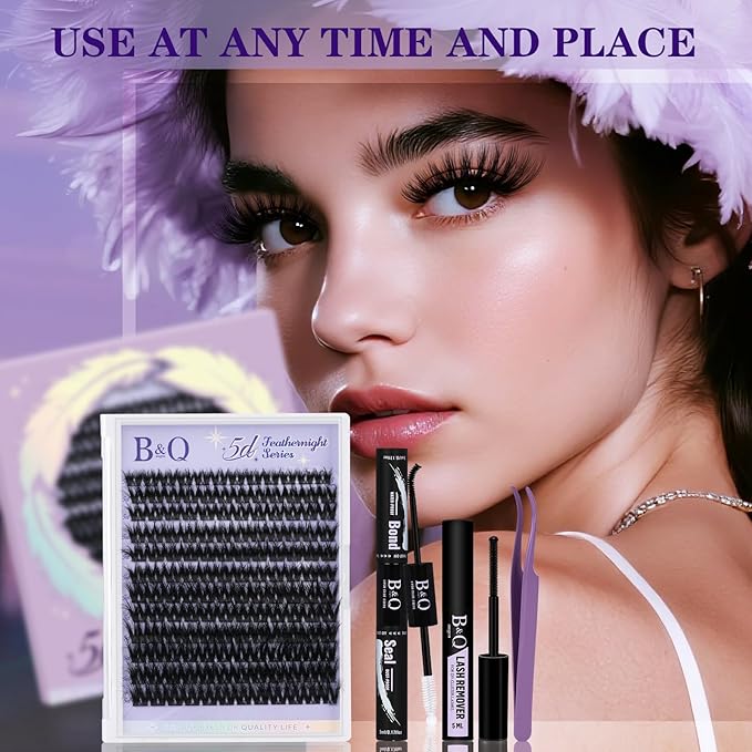 B&Q Lash Clusters Kit Wispy Flora - Feath5D 01 Eyelash Clusters Kit with Glue & Tools, Feathered Lightweight Lash Kit, 8-18mm C Curl Waterproof False Lashes