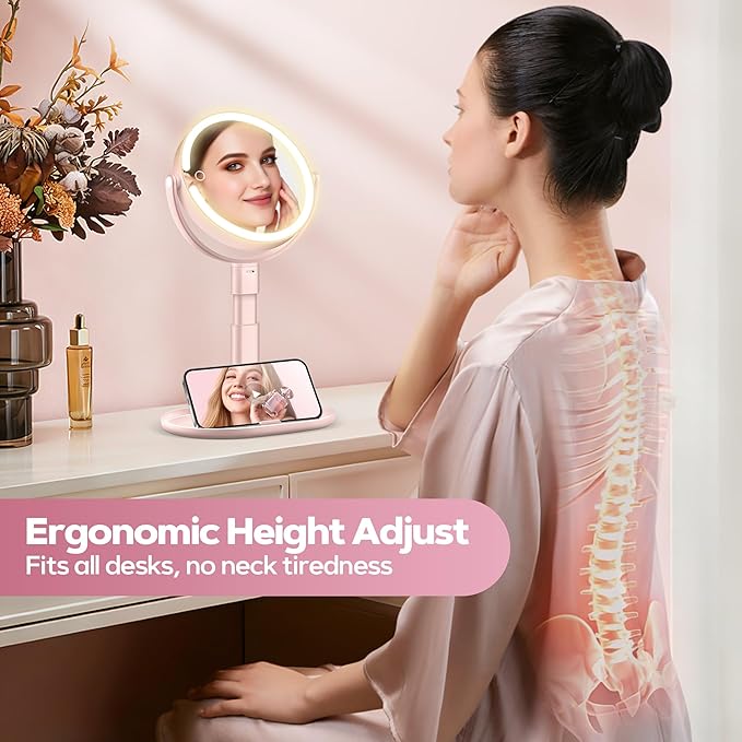 Makeup Mirror with Lights, 30X Magnifying & Height Adjustable, Lighted Magnifying Mirror with 3 Light Modes and Stepless Dimming, Vanity Mirrors for Bathroom, Birthday Gift for Women, Pink