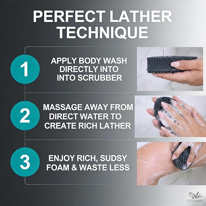 Avilana Silver Edition Body Scrubber and Face Brush Set - Silver-Ion Infused Silicone 2-in-1 Kit, ISO Tested Both Pieces, Stays Fresher Longer Gentle Exfoliating Sensitive Skin Women Men Gift Skincare