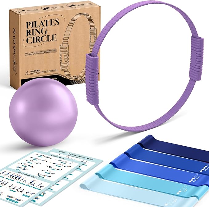 Pilates Ring Set for Women, Pilates Ring and Ball Set with 5-Level Resistance Bands for Core Strength, Stretching, Toning & Full Body Home Workout Pilates Equipment