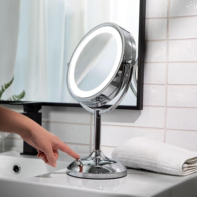 JERDON Lighted Tabletop Mirror with 10X/1X Magnification - LED Lighted Makeup Mirror with Multiple Light Settings in Chrome Finish - 8.5-Inch Diameter Vanity Mirror - Model JS8510BC
