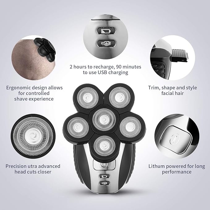 Head Shavers for Men - Upgraded Multifunctional Bald Head Shaver, Waterproof Electric Razor for Men Cordless Rechargeable Shaving Grooming Kit (Gray)